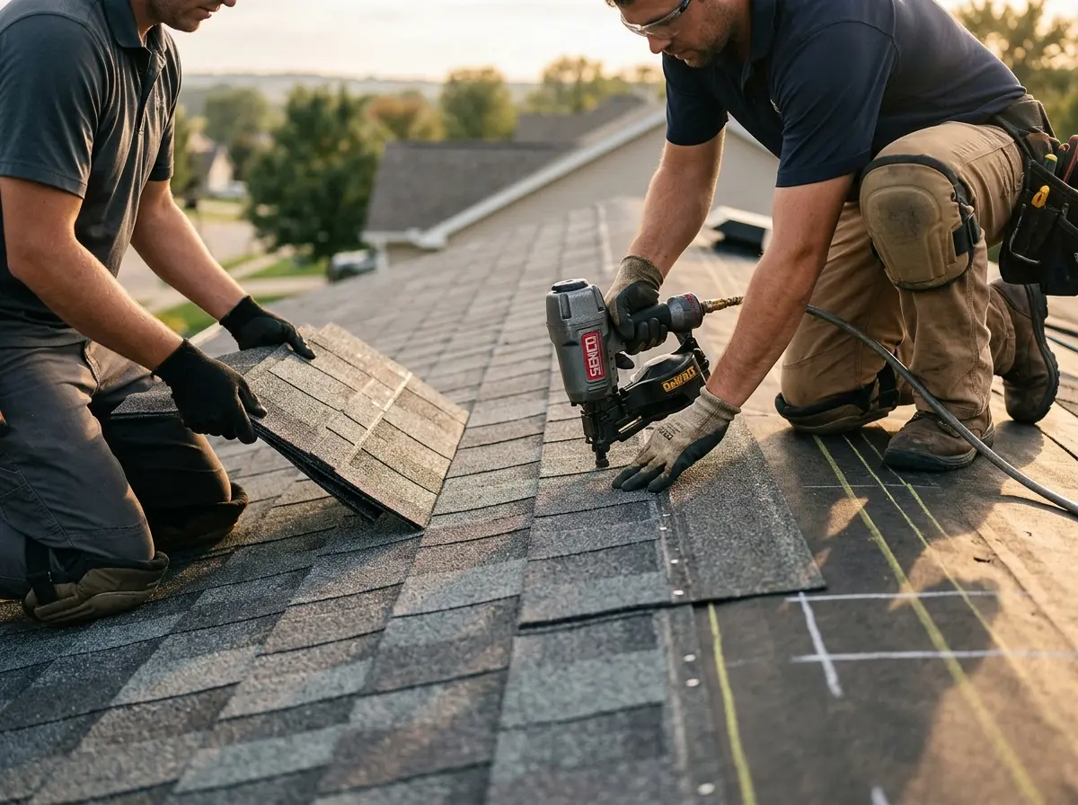 Professional roofer working on a residential roof in Fullerton